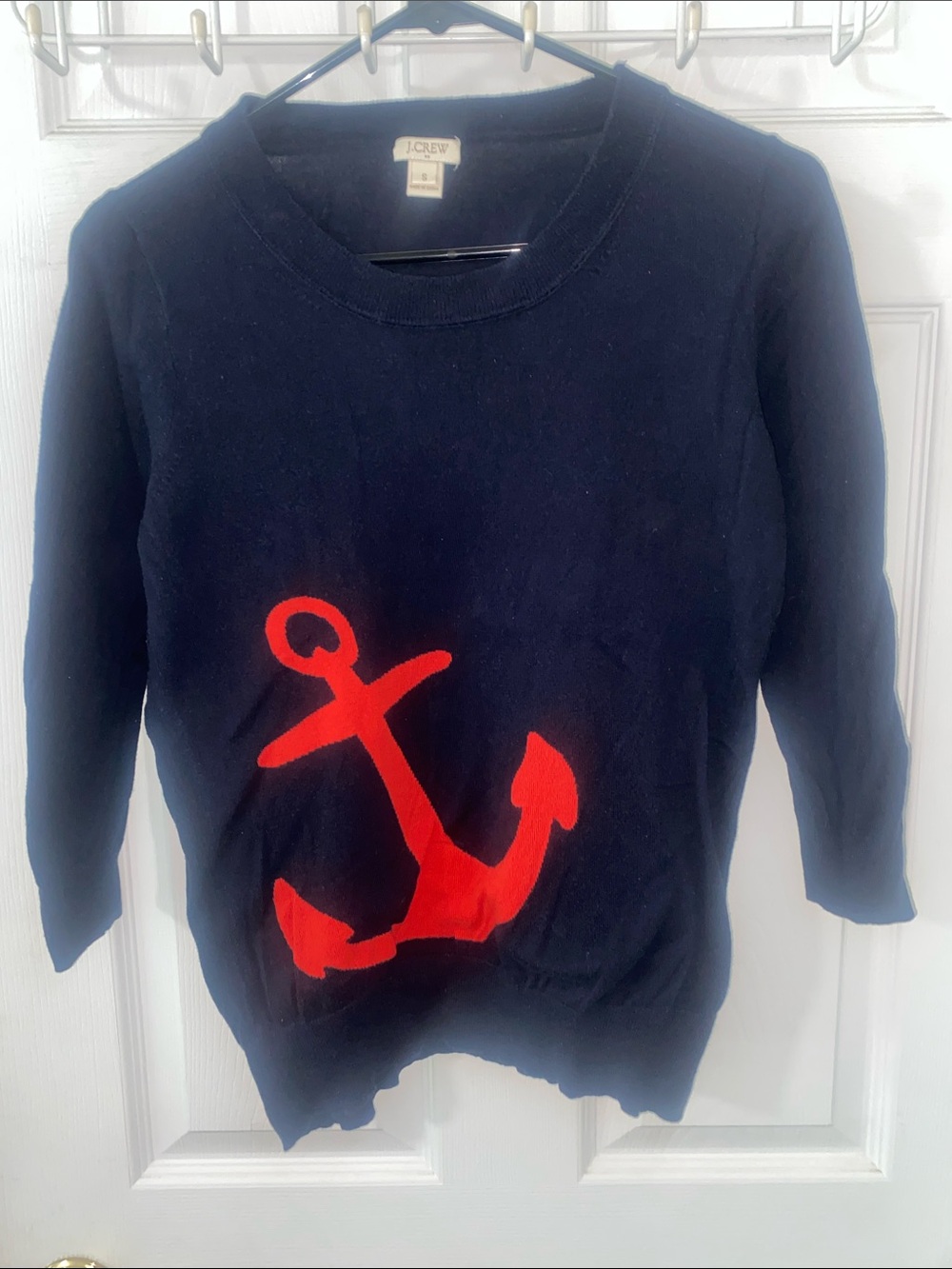 J. Crew Navy Sweater with Red Anchor Graphic 100 cot S PTP abt 18.5  3/4 sleeves - Picture 2 of 7